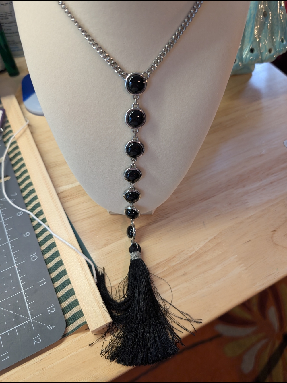 White House Black Market Silver-Tone Necklace with Black Stone Tassel